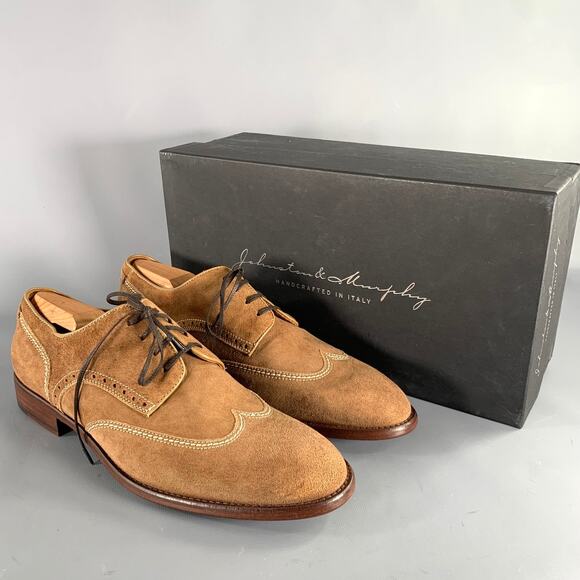 JOHNSTON & MURPHY Size 10 Brown Contrast Stitch Suede Wingtip Lace-Up Shoes - Picture 9 of 10